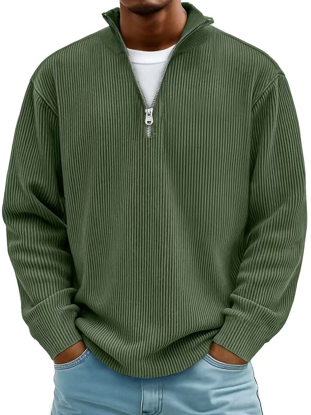 Dark green quarter-zip pullover sweater with ribbed knit and vertical stripe texture