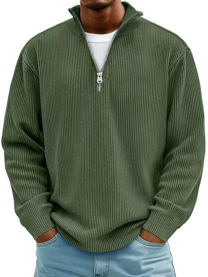 Dark green quarter-zip pullover sweater with ribbed knit and vertical stripe texture