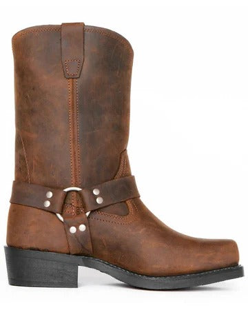 Men's brown harness boots with ankle strap and metal studs, side view
