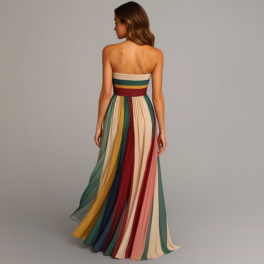 Back view of multicolour striped strapless sleeveless maxi dress