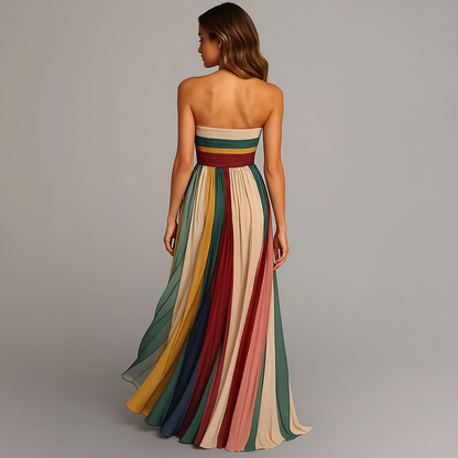 Back view of multicolour striped strapless sleeveless maxi dress