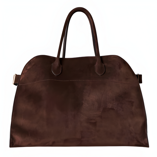 Brown suede tote handbag with two top handles, side straps, and stitched trim