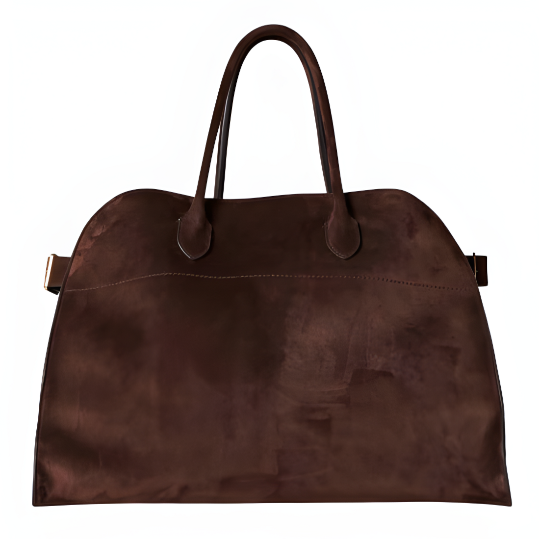 Brown suede tote handbag with two top handles and side straps with metal accents