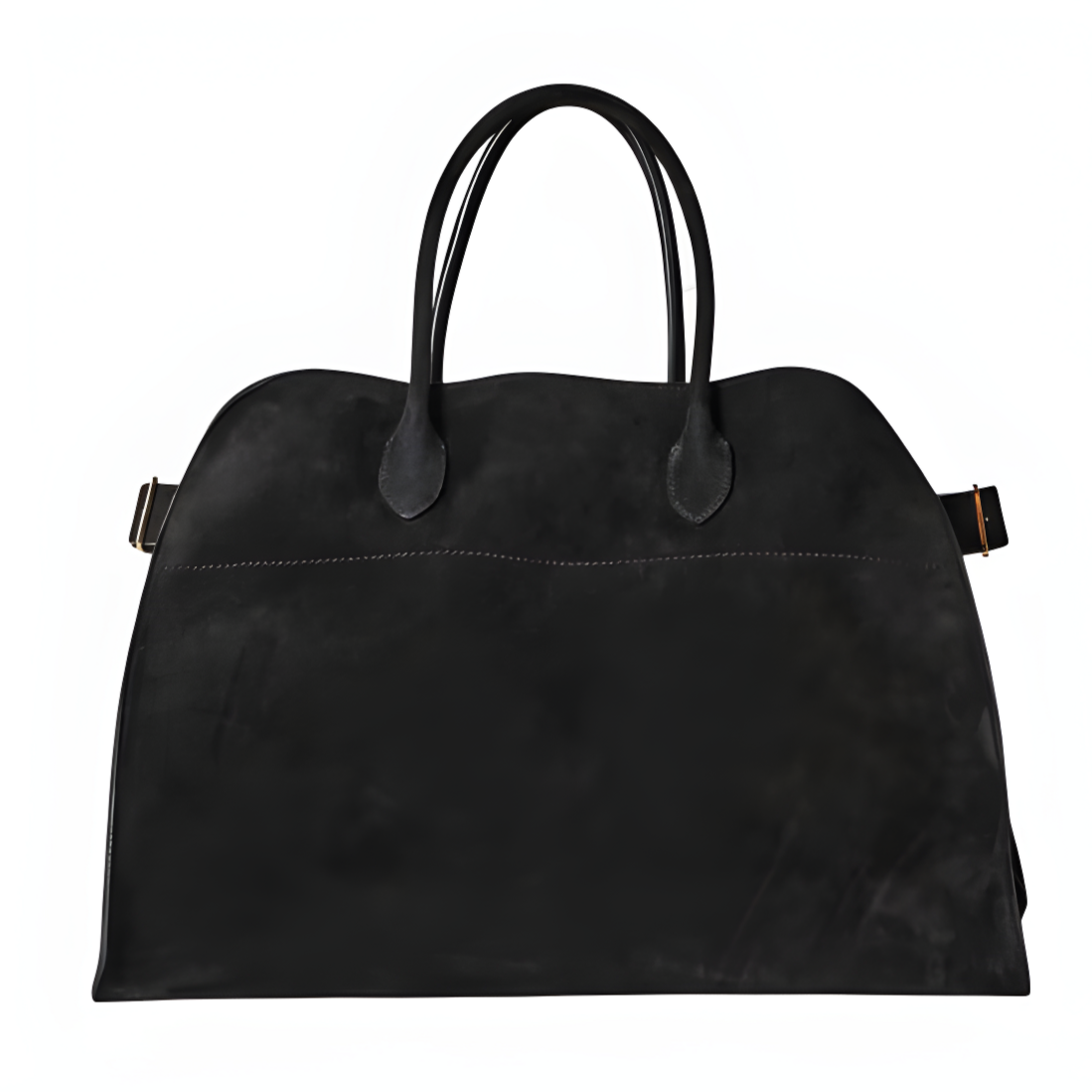 Black suede tote handbag with two top handles and stitched decorative panel