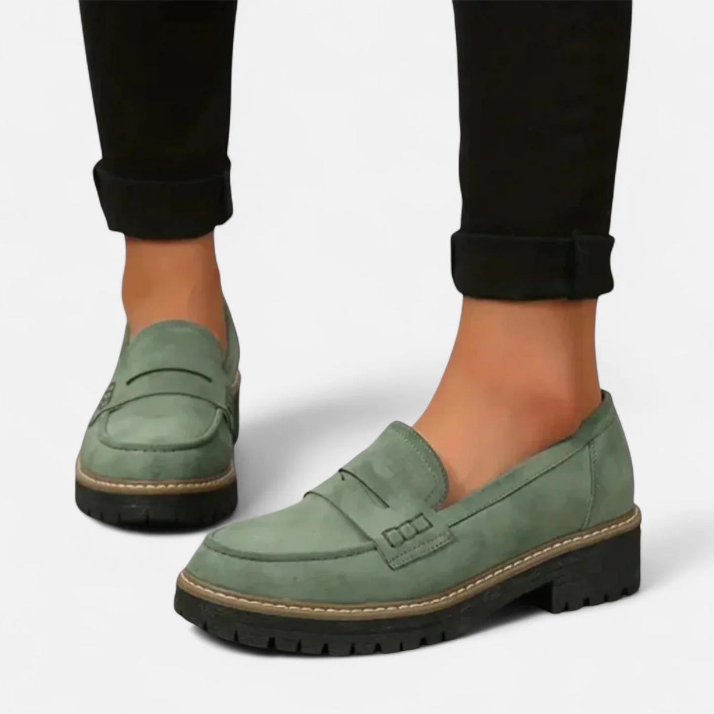 Skylar orthopaedic heeled loafers in green suede with buckle strap and chunky sole