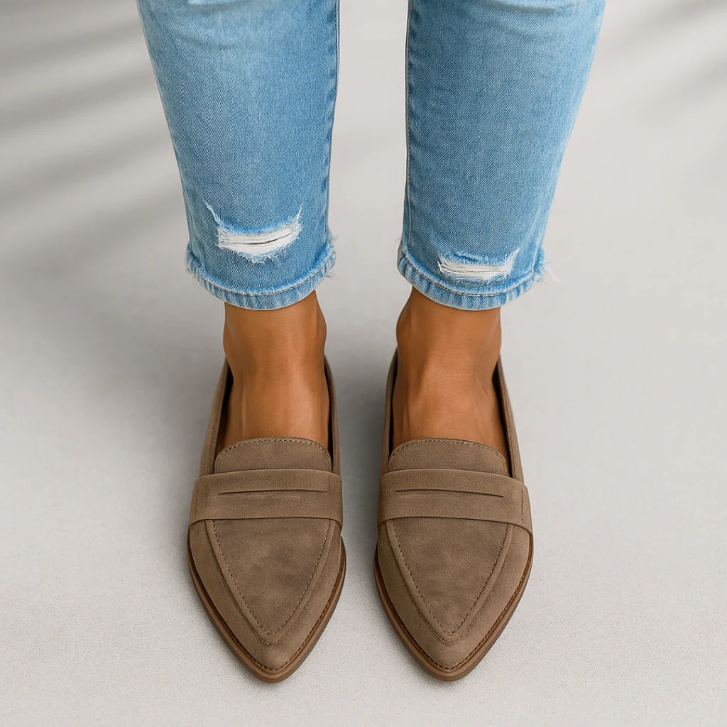 Khaki suede slip-on loafers, double strap, brown sole