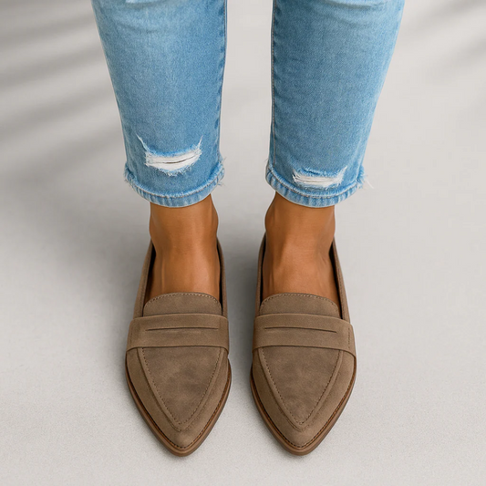 Khaki suede slip-on loafers, double strap, brown sole
