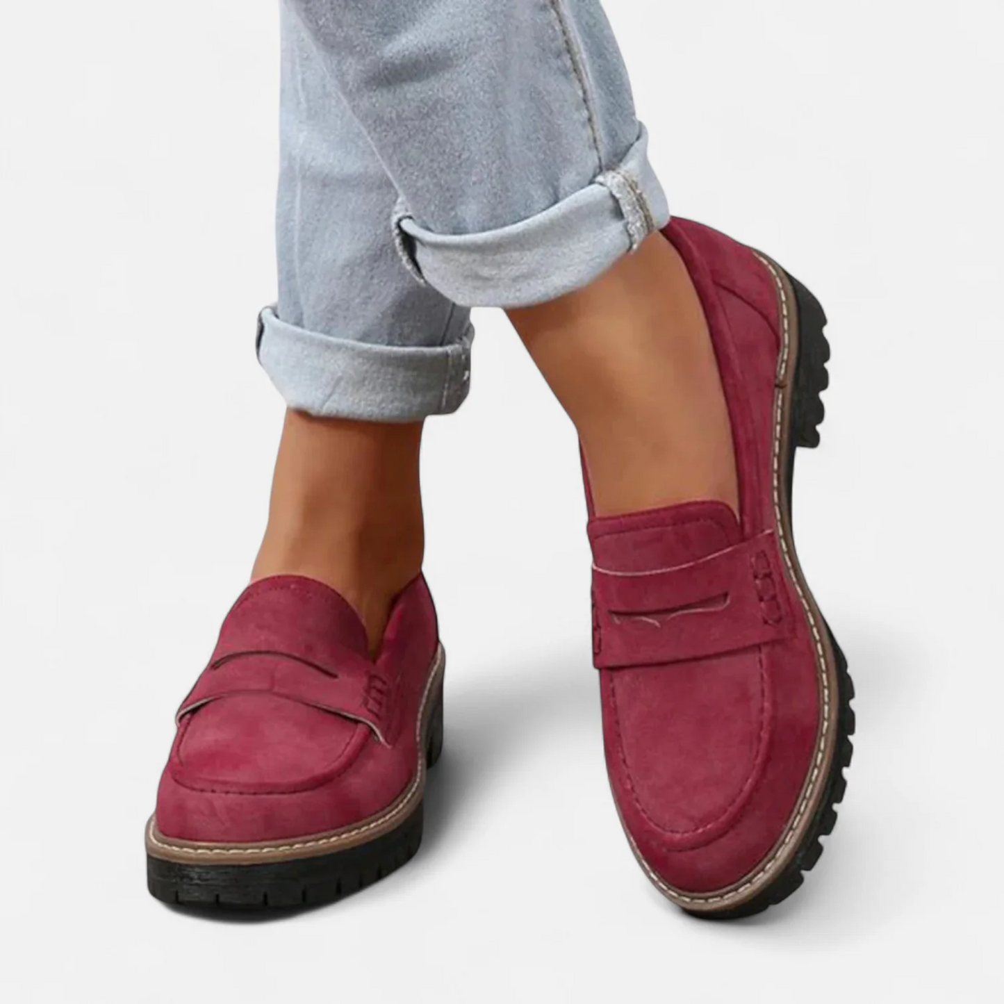 Skylar orthopaedic heeled loafers in burgundy suede with strap detail and rugged sole