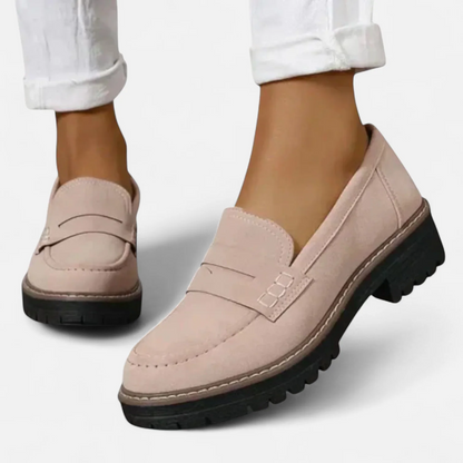 Skylar orthopaedic heeled loafers in light pink suede with buckle strap and tread sole
