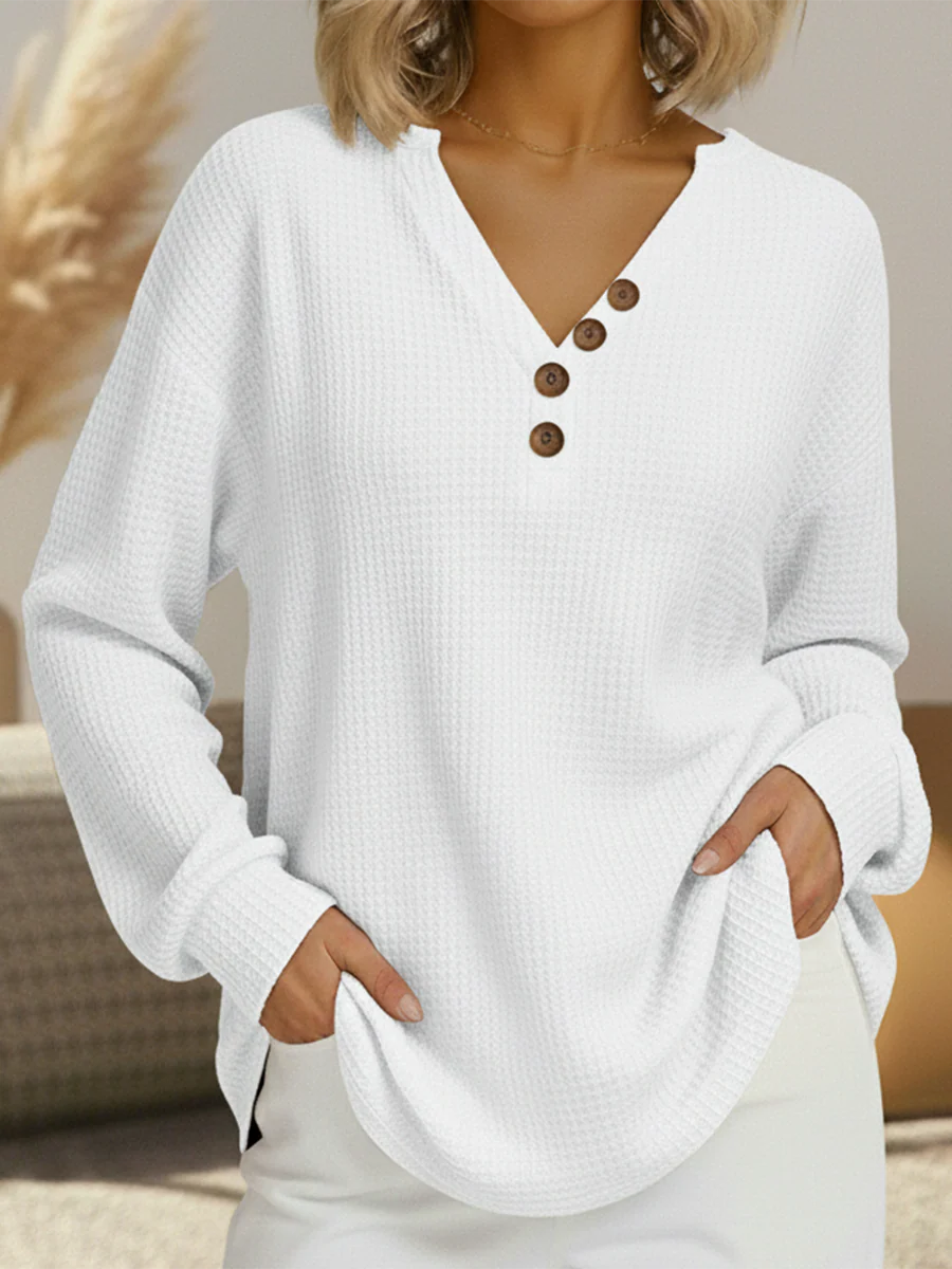 Women's waffle-knit jumper in white, henley button placket, long sleeves