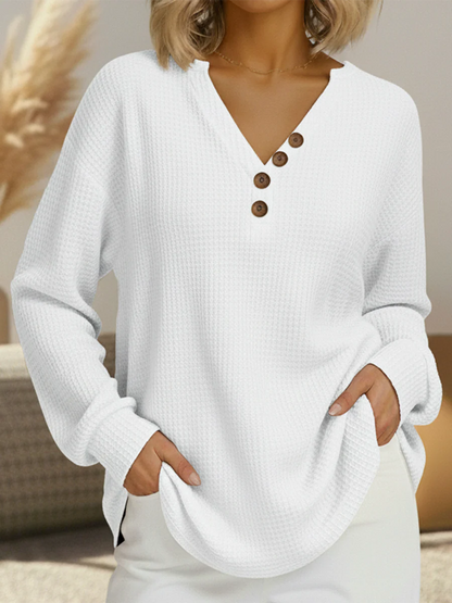 Women's waffle-knit jumper in white, henley button placket, long sleeves