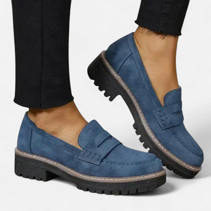 Skylar orthopaedic heeled loafers in blue suede with strap detail and chunky sole