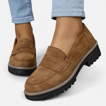 Skylar orthopaedic heeled loafers in tan suede with buckle strap and chunky heel