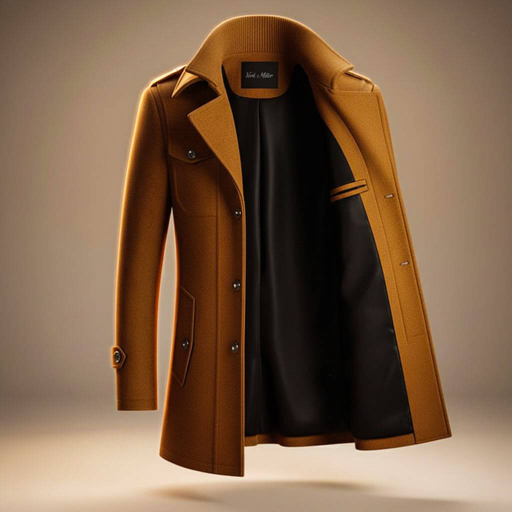 Men's wool coat in cognac brown, open front revealing dark inner lining