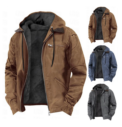 Men's hooded jacket color set: brown, blue, and gray with fleece lining