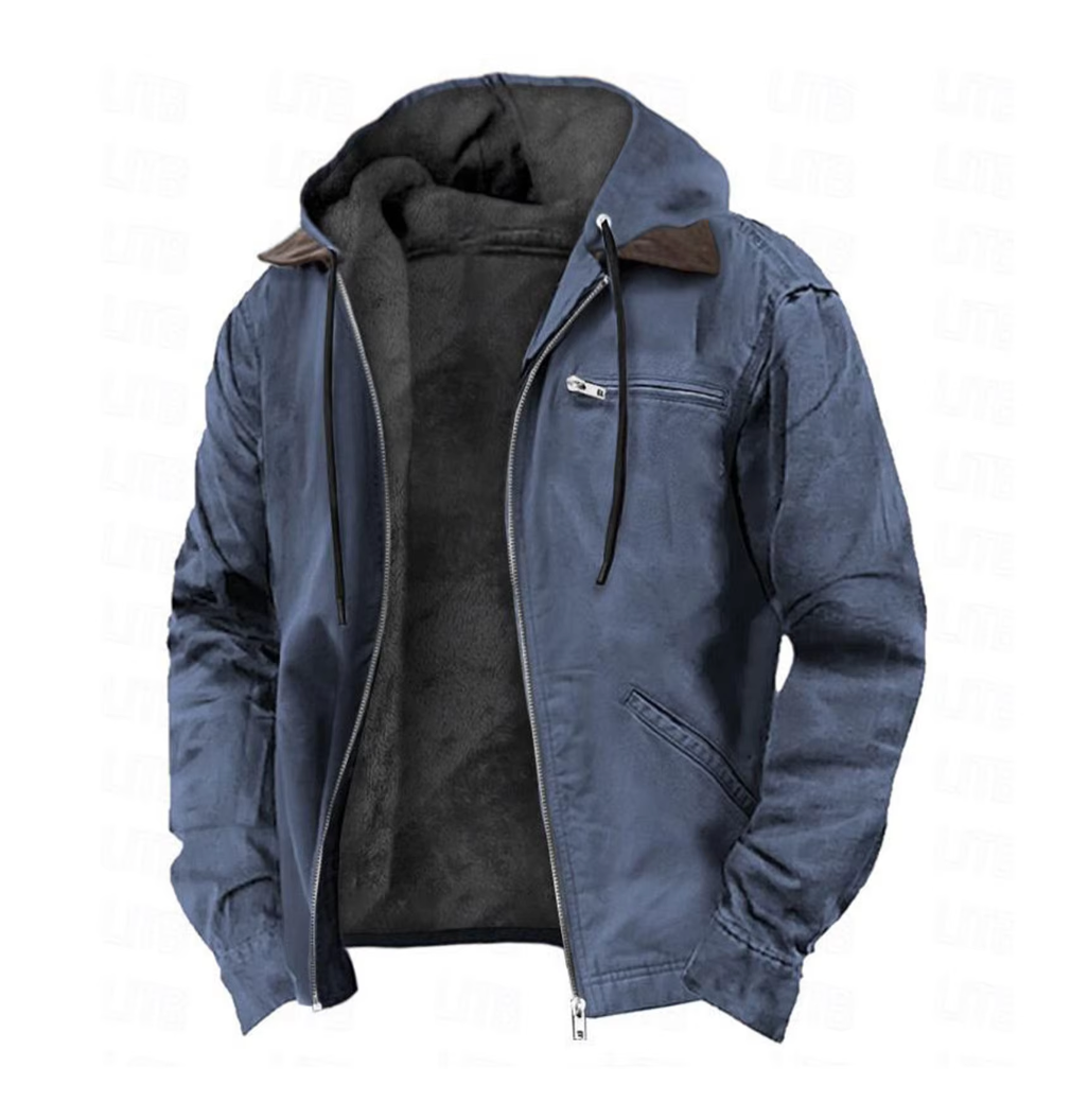 Men's hooded jacket with full-zip front, blue outer shell, black fleece lining