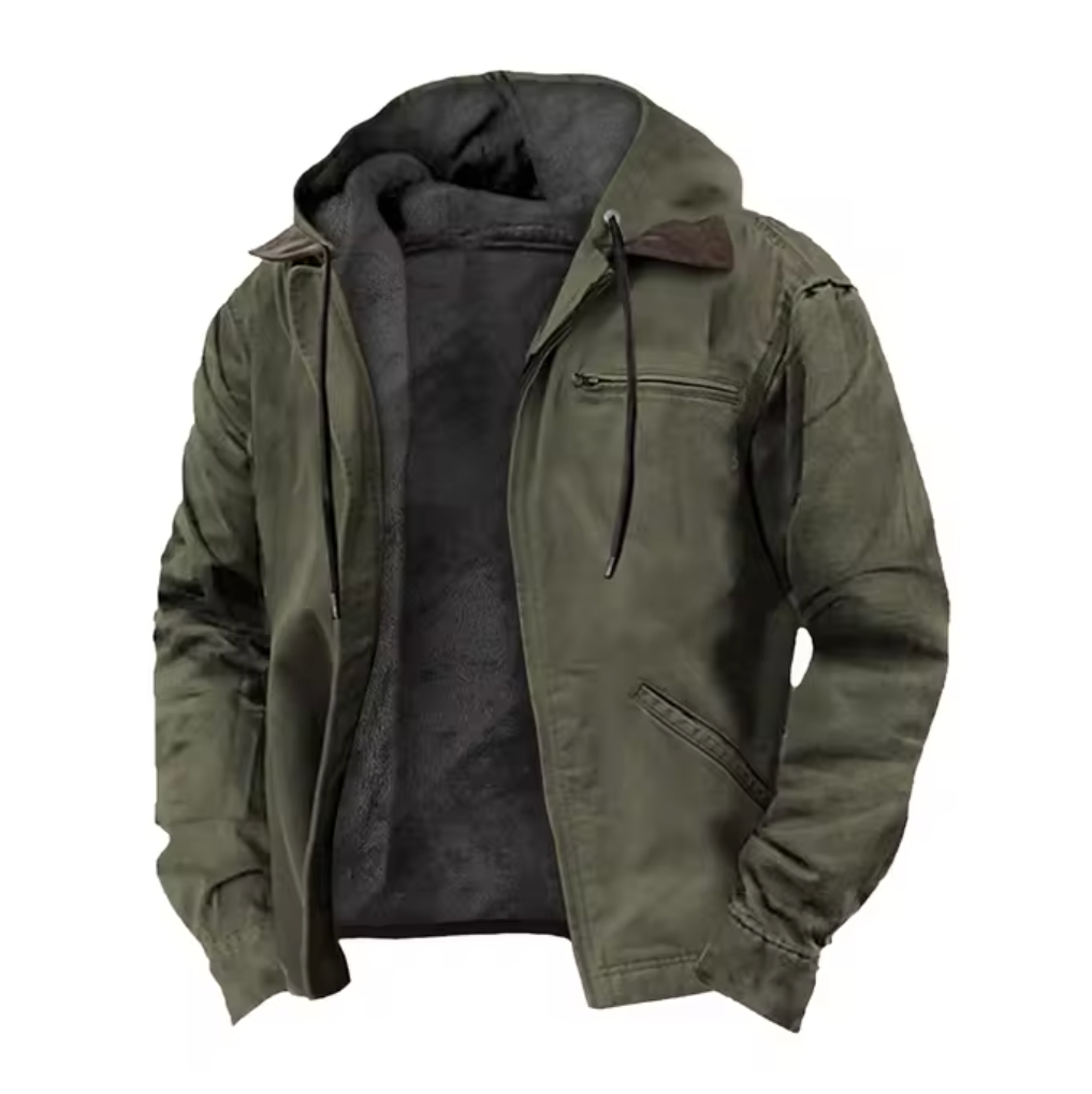 Men's hooded jacket with full-zip front, olive green outer shell, black fleece lining