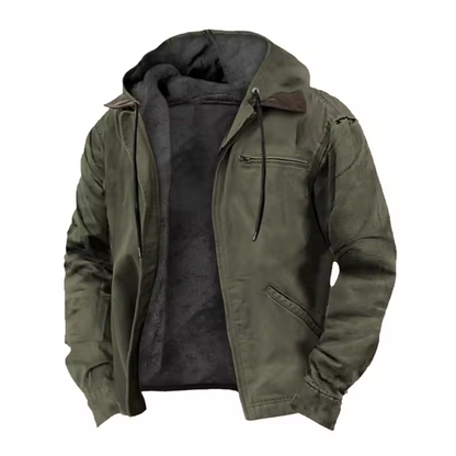 Men's hooded jacket with full-zip front, olive green outer shell, black fleece lining