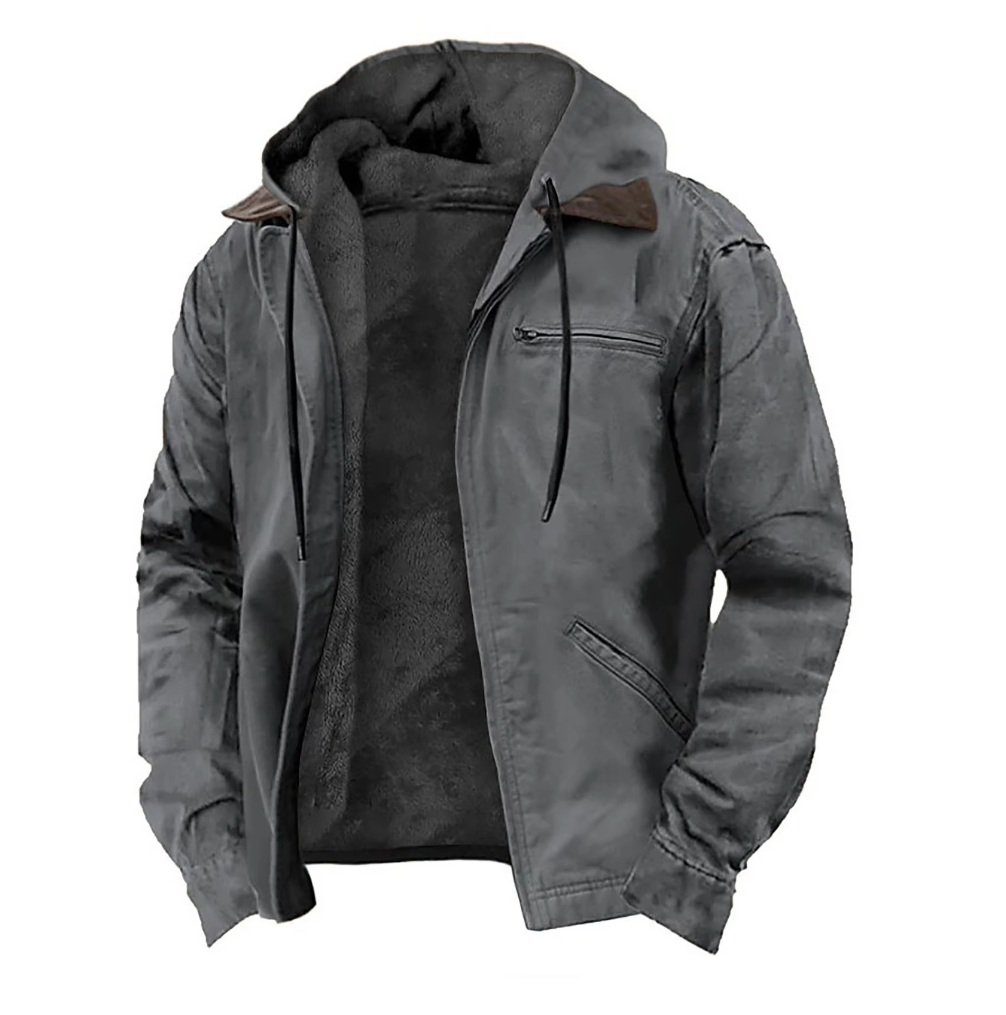 Men's hooded jacket with full-zip front, gray outer shell, black fleece lining