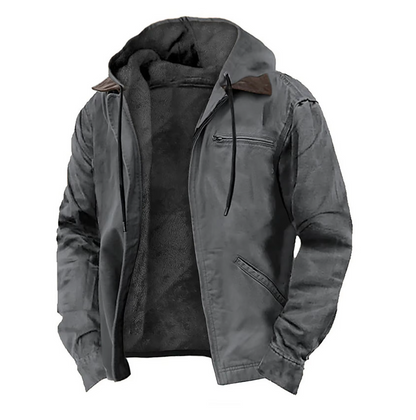 Men's hooded jacket with full-zip front, gray outer shell, black fleece lining