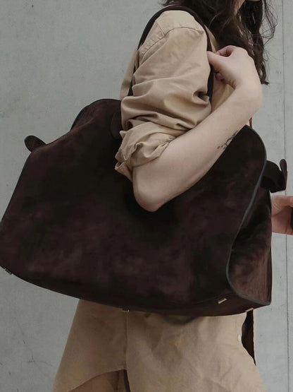 Dark brown suede oversized tote handbag with short handles