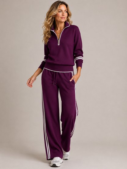 Women’s two-piece quarter-zip knit set, purple top with striped wide-leg joggers