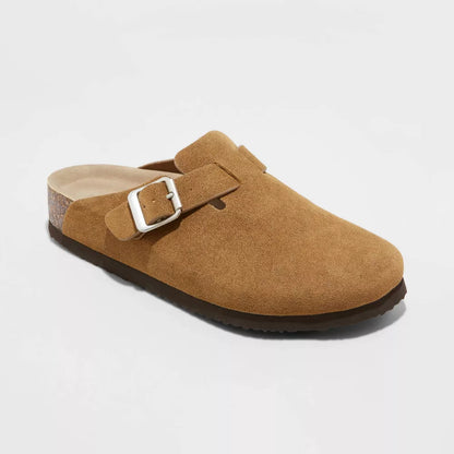 Mocha suede clog with adjustable buckle strap and thick dark sole