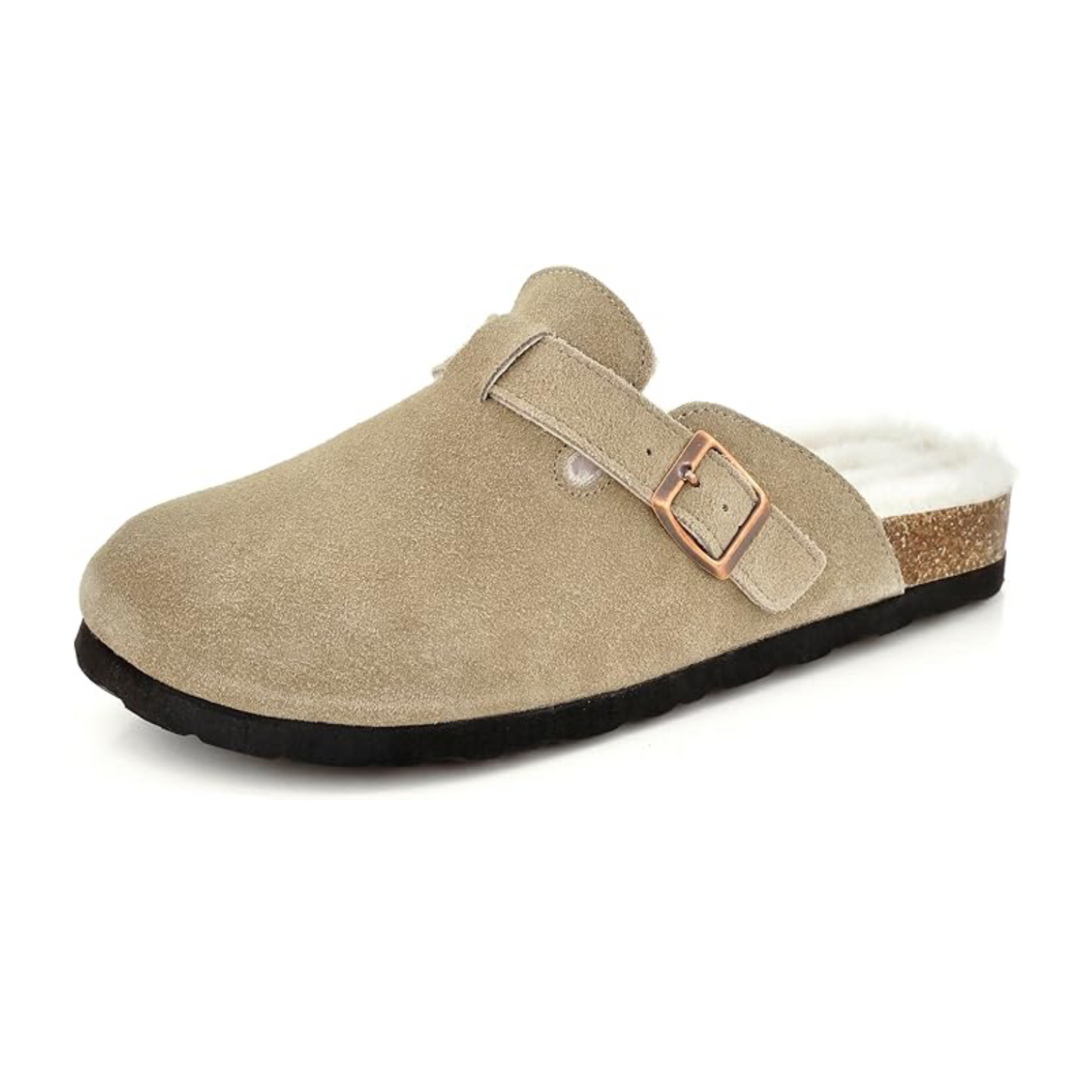 Sherpa clogs in khaki suede with sherpa lining and rose-gold buckle strap