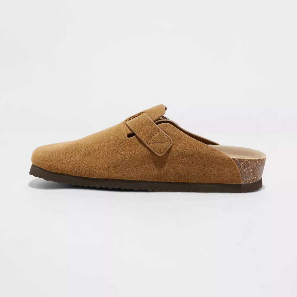Tan suede clog with adjustable buckle strap and cushioned footbed