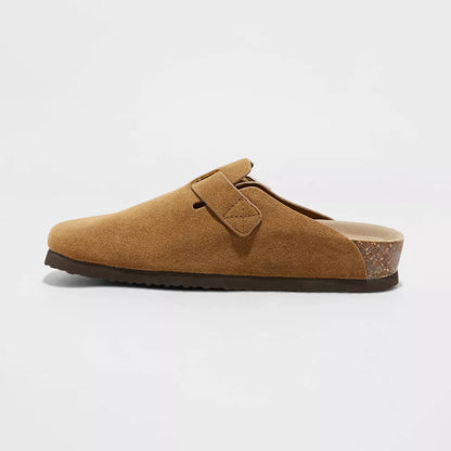 Tan suede clog with adjustable buckle strap and cushioned footbed