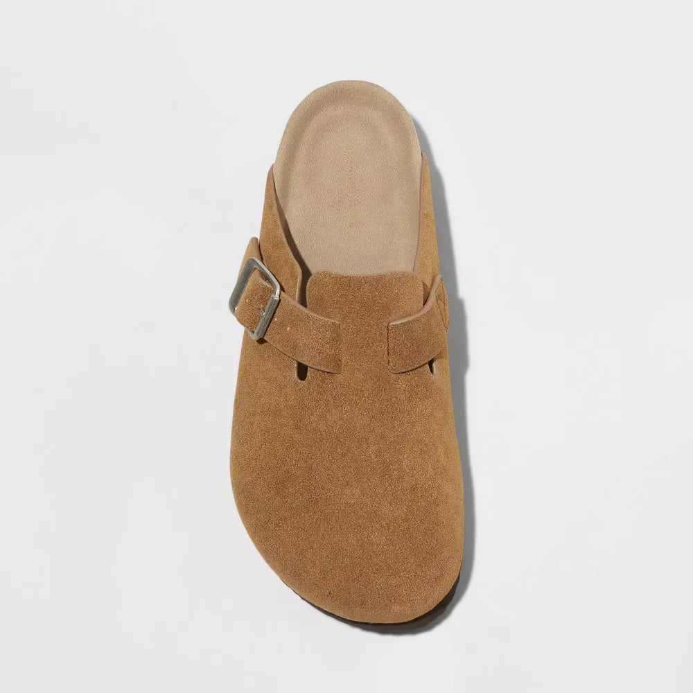 Khaki suede clog with adjustable buckle strap, heel-to-front view