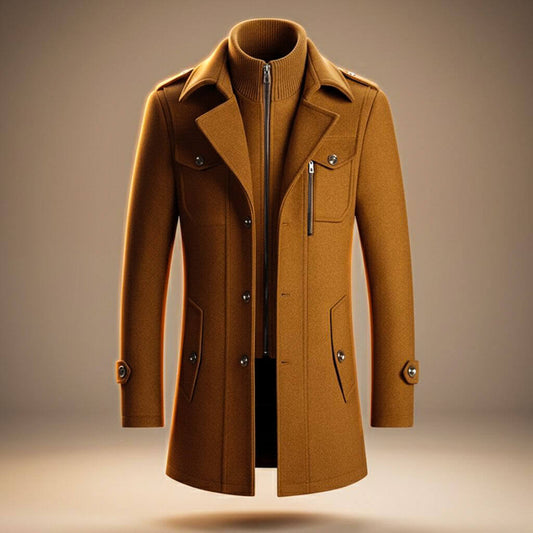 Men's wool coat in cognac brown, zip-front with notched lapels and side pockets