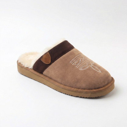 Cowboy slippers with plush white lining, dark cross-strap detail, stitched side pattern.