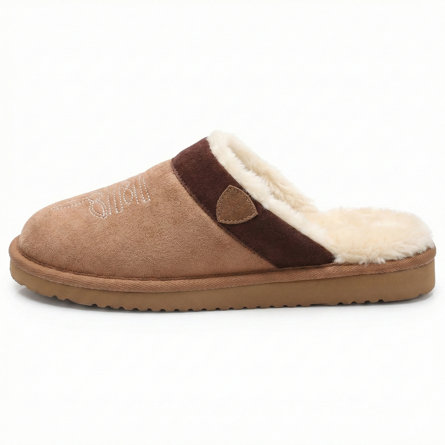 Cowboy slippers with cushioned sole, dark strap, and white faux-fur trim on the vamp.
