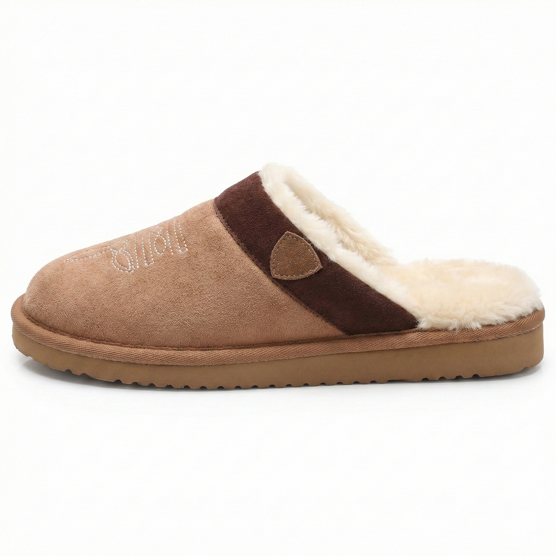 Cowboy slippers with cushioned sole, dark strap, and white faux-fur trim on the vamp.