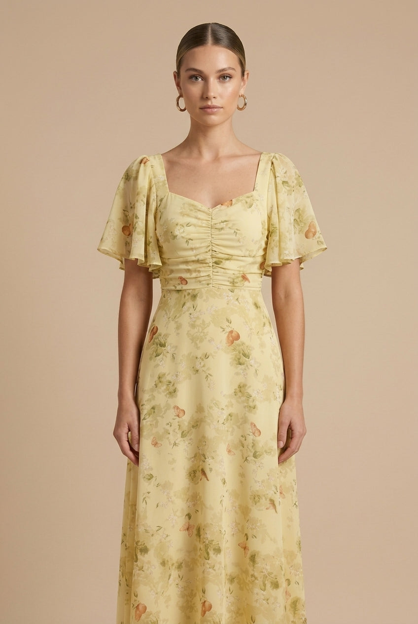 Yellow floral maxi dress with ruched square neckline and short puff sleeves