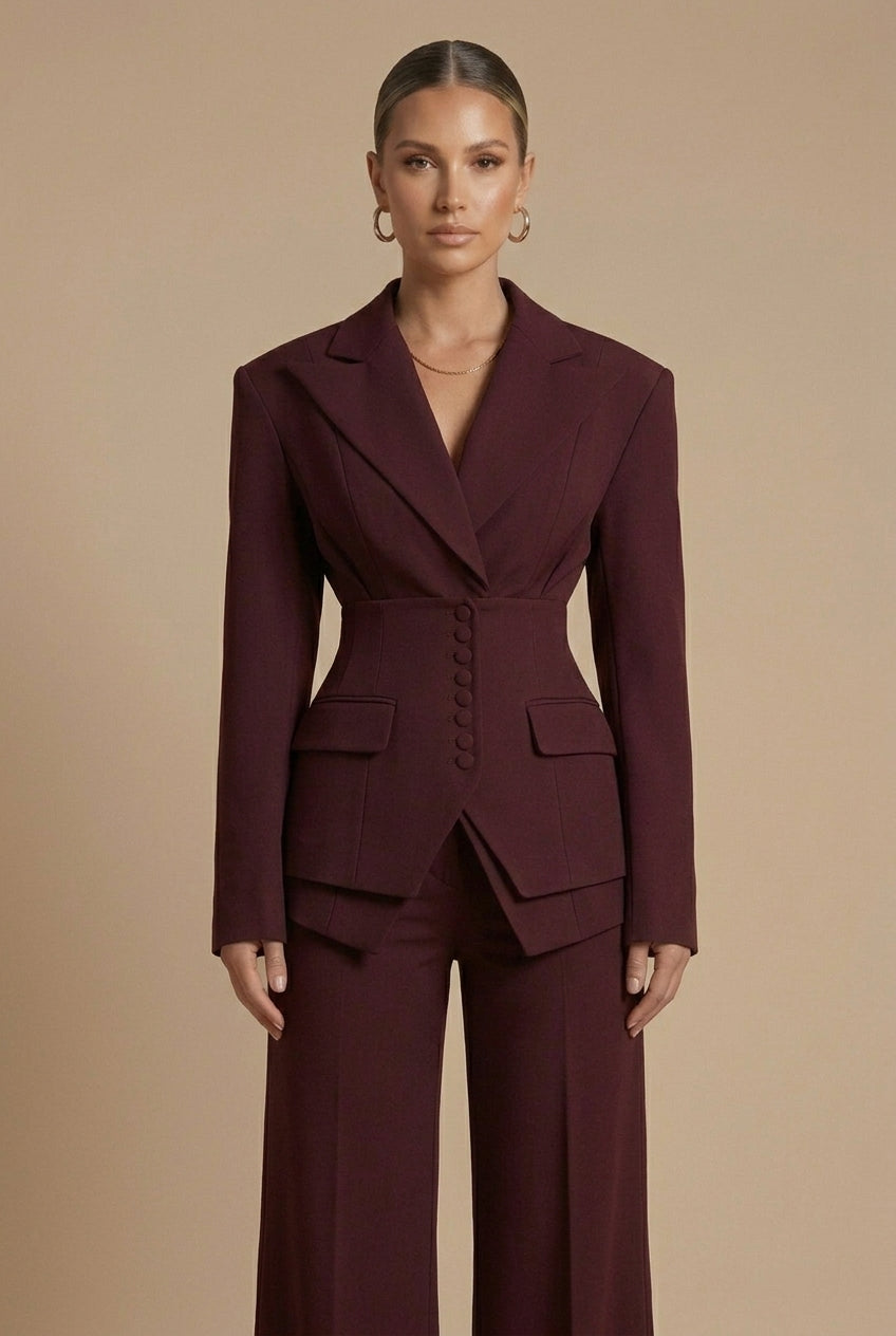 Wine red trouser suit: tailored blazer with button detail and matching wide-leg trousers