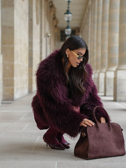 Burgundy suede mini tote with top handles and square gold buckle detail