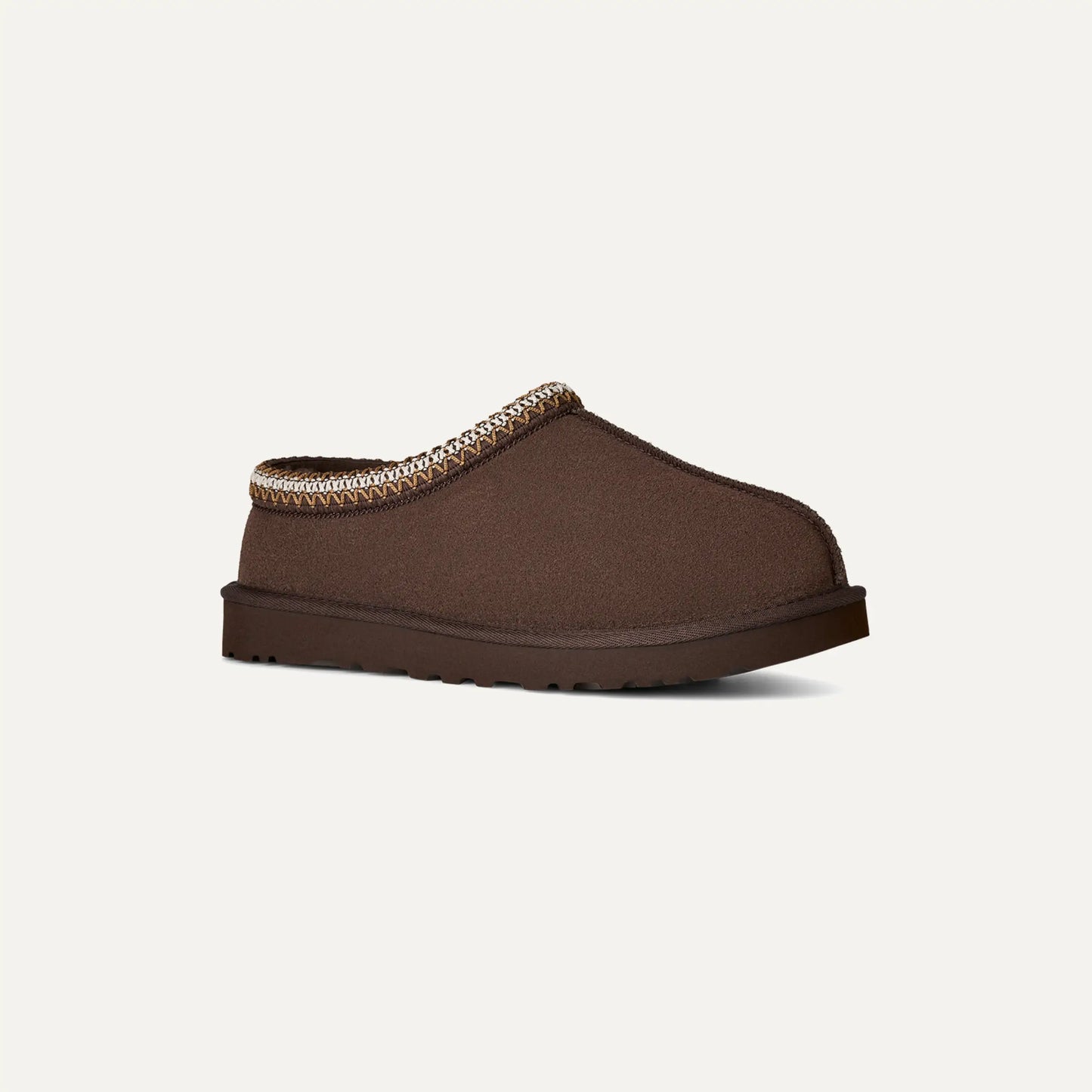Chestnut brown suede slip-on slippers with patterned cuff trim and flat sole