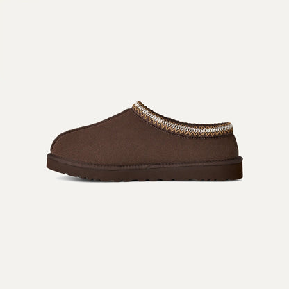 Chestnut brown suede slip-on slipper with patterned collar trim and rounded toe