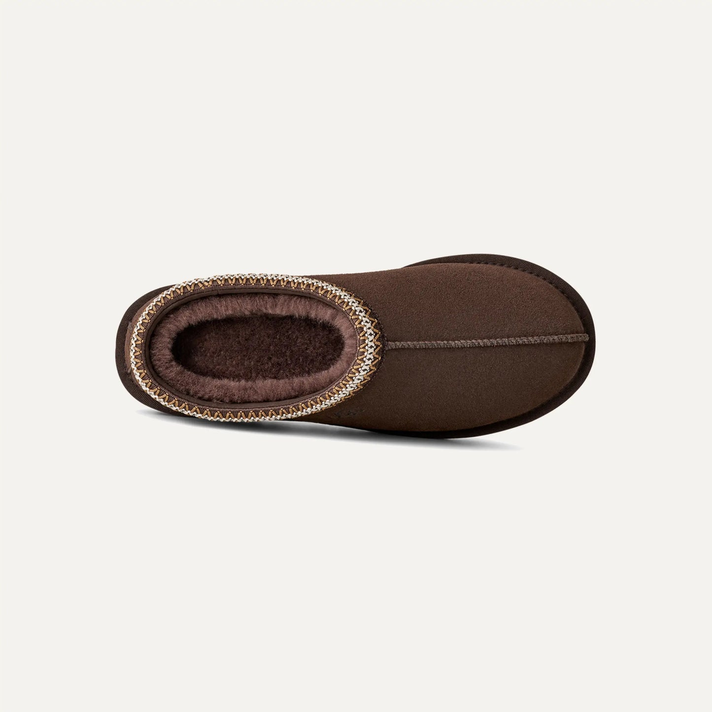 Chestnut brown suede slipper with plush lining and patterned edge collar trim