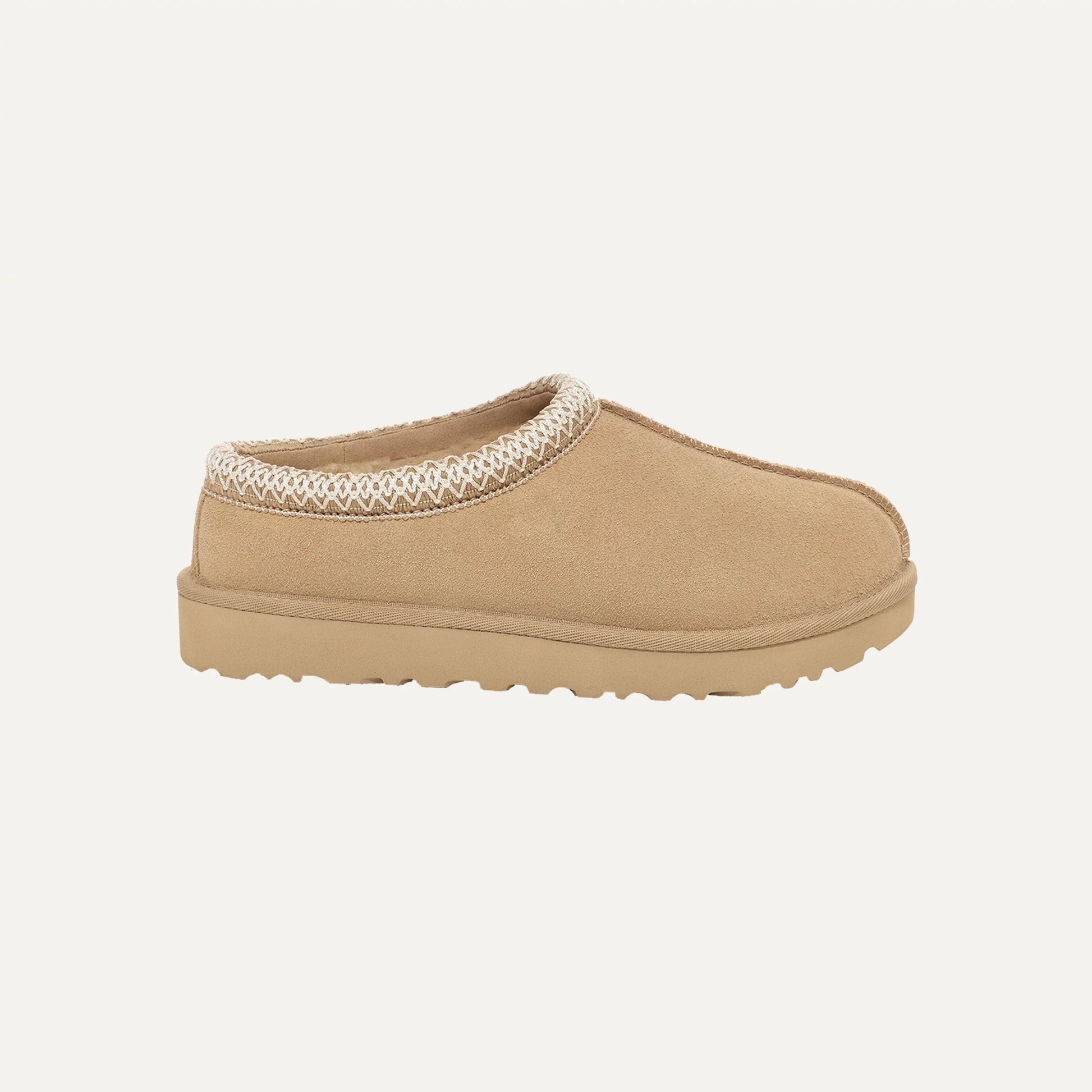Mocha tan suede slip-on slippers with patterned knit collar and cushioned sole