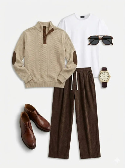 Beige cable knit quarter-button pullover sweatshirt with brown half-zip collar