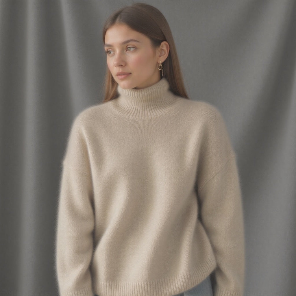 Beige oversized roll-neck cashmere jumper, straight fit and ribbed cuffs