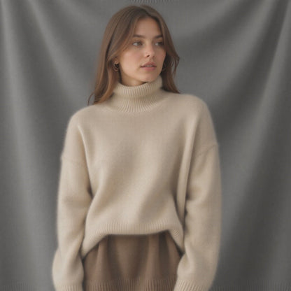 Beige oversized roll-neck cashmere jumper, long sleeves and ribbed hem