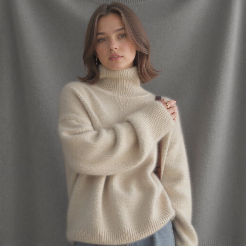 Beige oversized roll-neck cashmere jumper, three-quarter view with ribbed cuffs