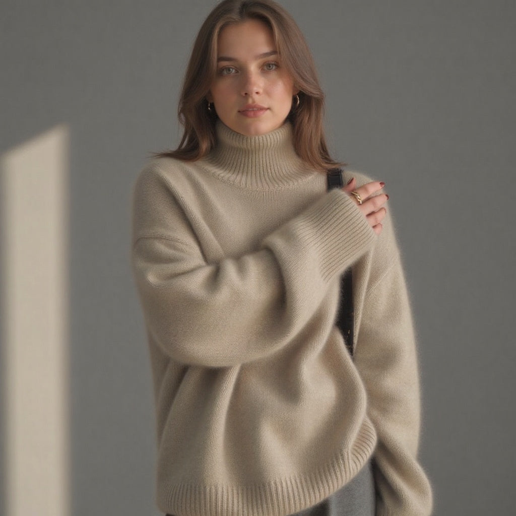 Cream/beige oversized roll-neck cashmere jumper, arm-up pose and ribbed cuffs