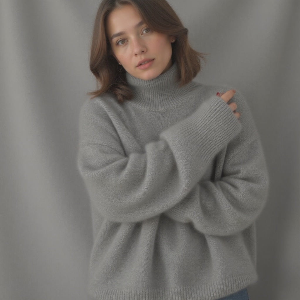 Grey oversized roll-neck cashmere jumper with ribbed cuffs and waistband