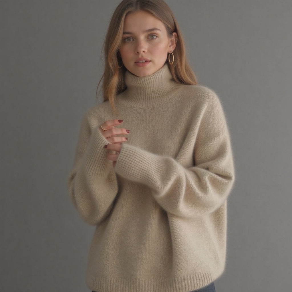 Beige women's oversized roll neck cashmere jumper with long sleeves, relaxed fit