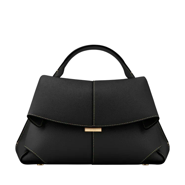 Black vegan leather handbag with top handle and front flap, gold clasp